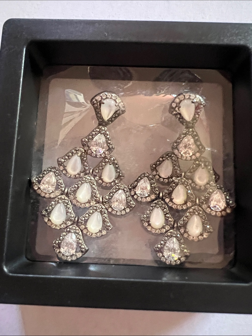 Judith Jack 925 Silver Chandelier Earrings with White Teardrop Stones